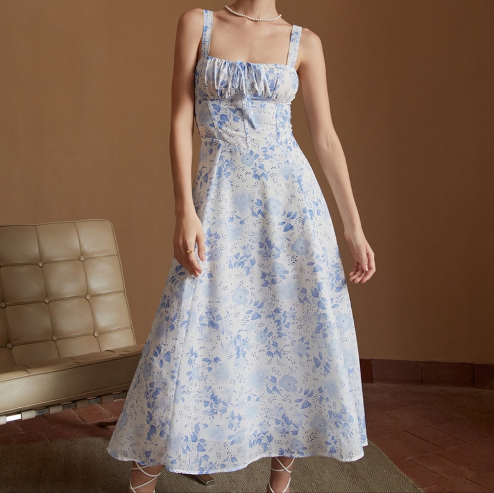 Blue square neck floral ruched midi dress